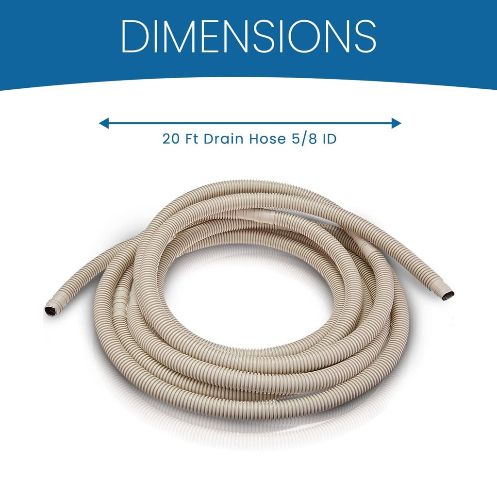 20 ft corrugated drain hose, tan, 5/8 in inner diameter, neatly coiled