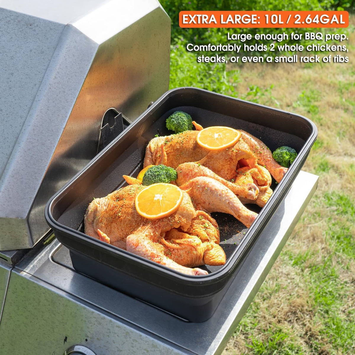 Extra-large collapsible prep tub on grill, black with lid and roasted chicken inside