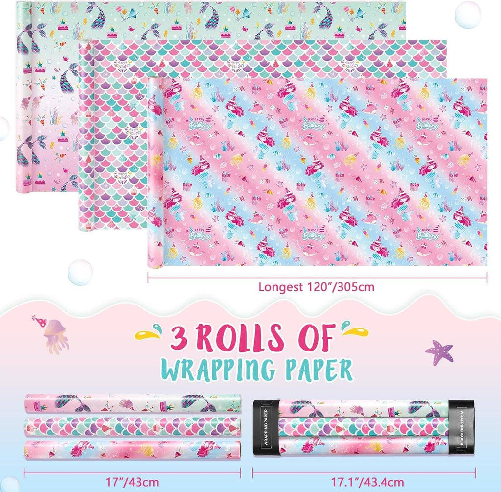 Mermaid wrapping paper rolls set, pink and teal scale patterns, 3 rolls