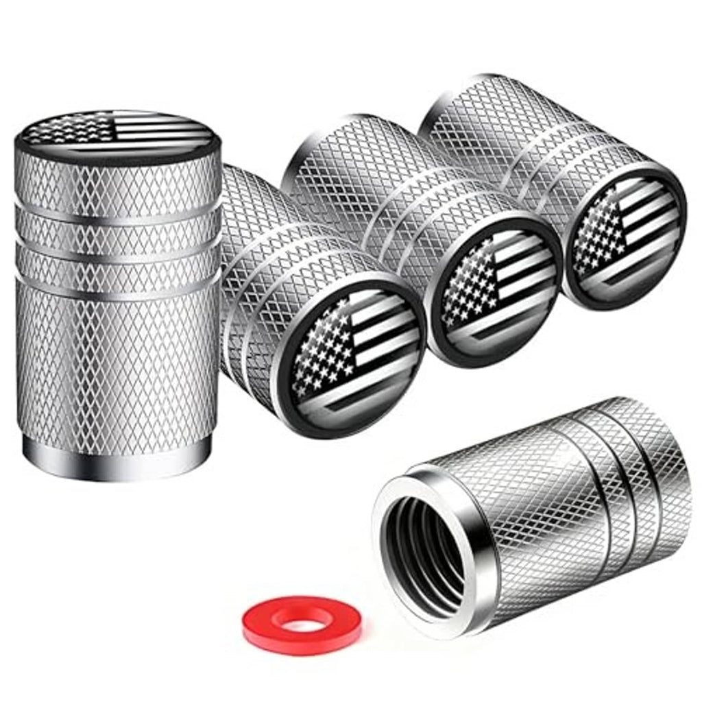 Chrome tire valve stem caps with American flag tops, plus red gasket, set of three