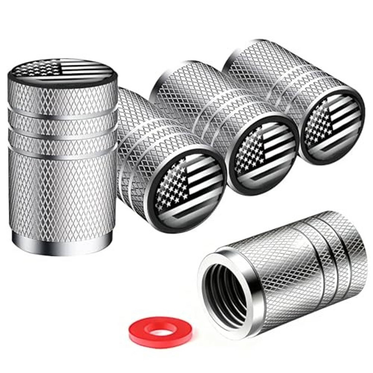 Chrome tire valve stem caps with American flag tops, plus red gasket, set of three