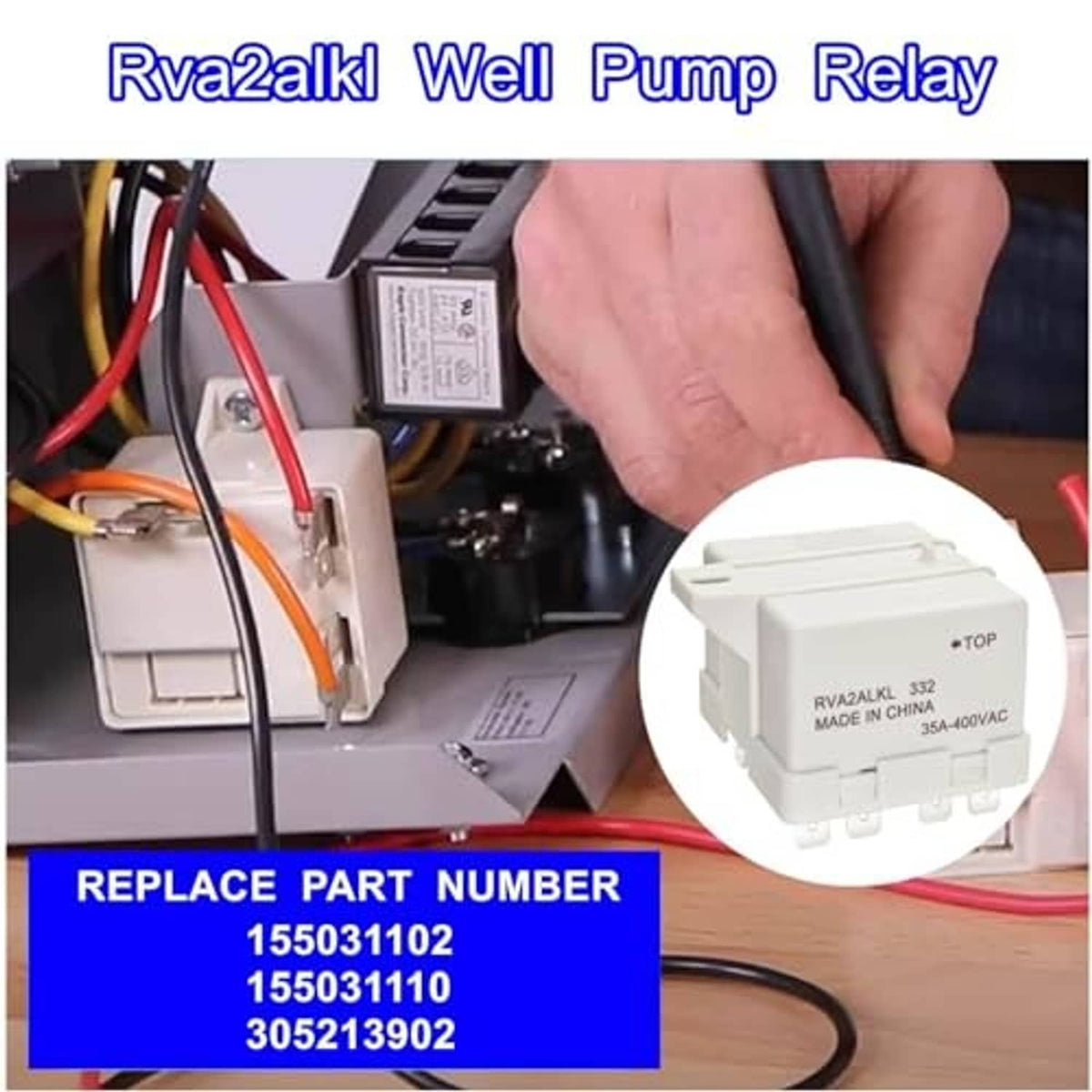 Well pump relay control box installed in a pump control wiring area, white module.
