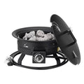 Black portable propane gas fire pit with open lid and lava rocks in bowl