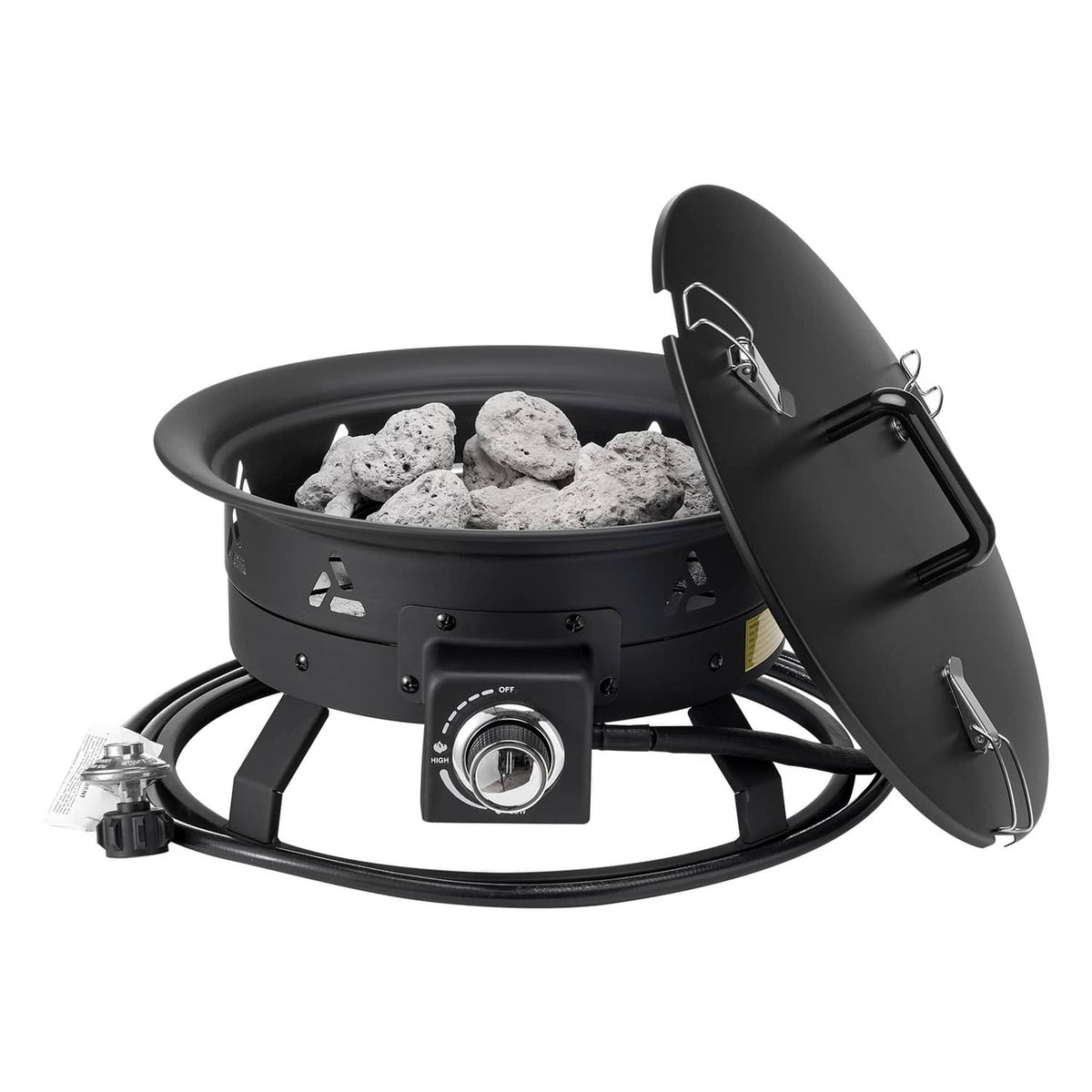 Black portable propane gas fire pit with open lid and lava rocks in bowl