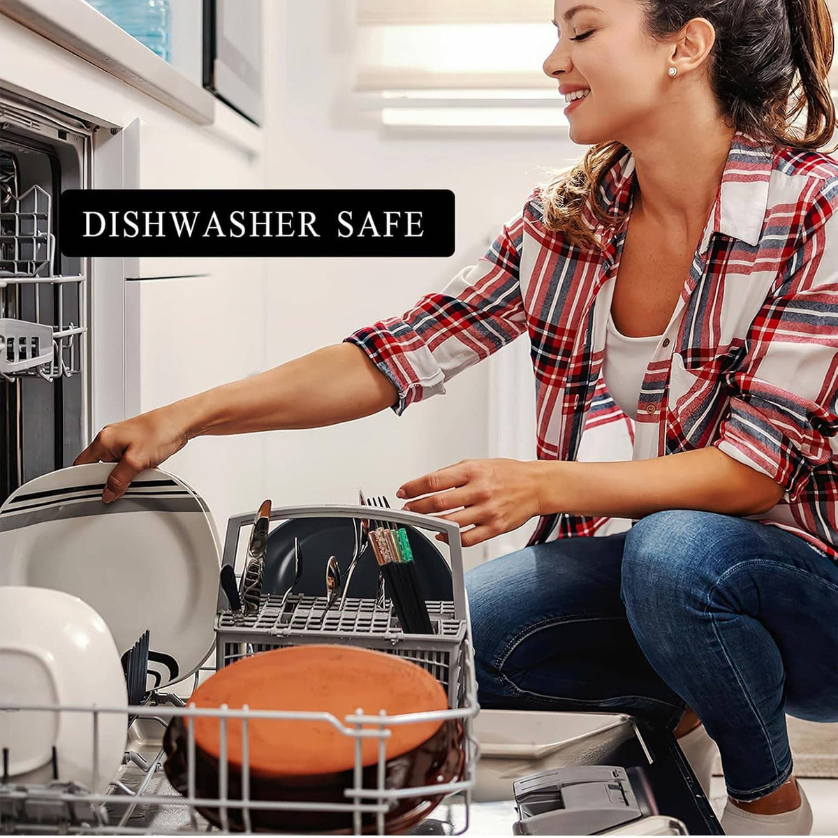 Reusable black fiberglass chopsticks in dishwasher rack, dishwasher-safe design