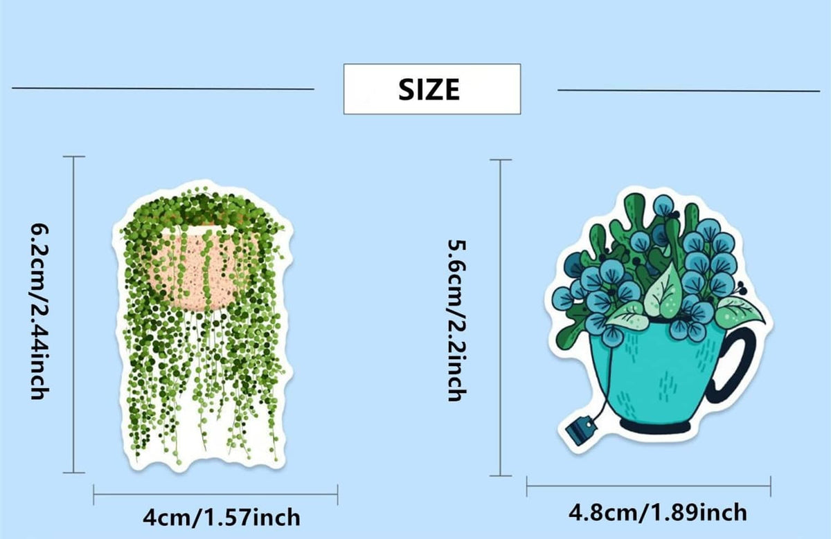 Sticker size chart: small plant 4cm x 6.2cm; blue pot 4.8cm x 5.6cm