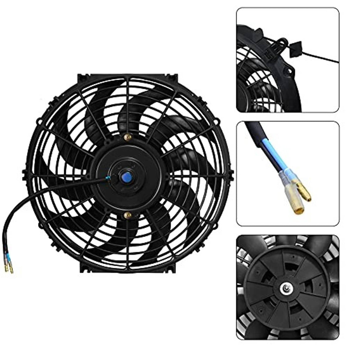 Automotive cooling fan with black grille, mounting tab, and wiring lead