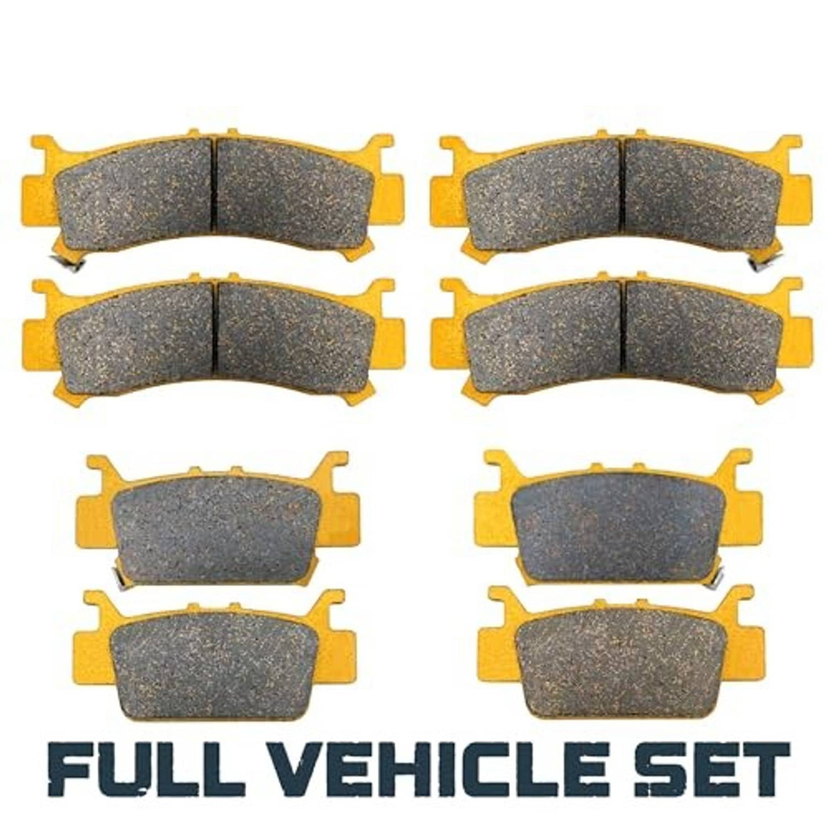 Ceramic brake pads set with curved dark gray pads and gold mounting tabs, multiple pieces