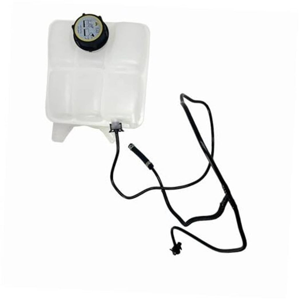 Front engine coolant reservoir tank with pressure cap and connected hose