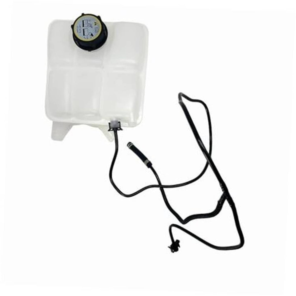 Front engine coolant reservoir tank with pressure cap and connected hose