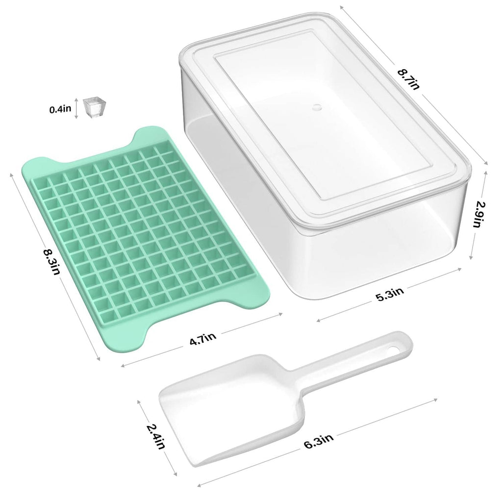 Green mini ice cube tray with size diagram, plus white lid and shovel