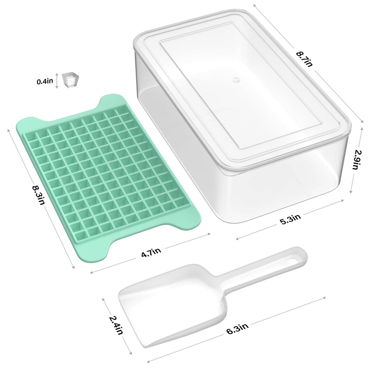 Green mini ice cube tray with size diagram, plus white lid and shovel
