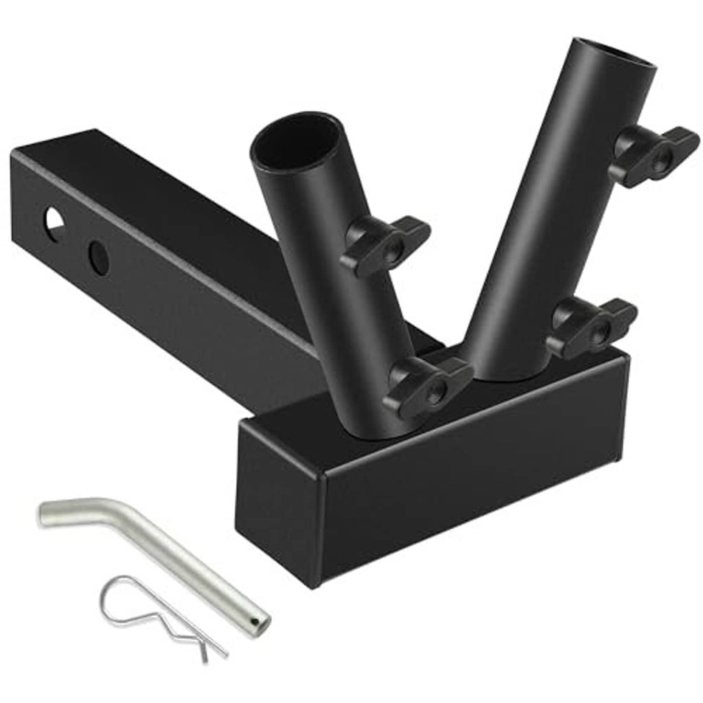 Black double flag pole hitch mount with two upright tube holders and mounting bolts