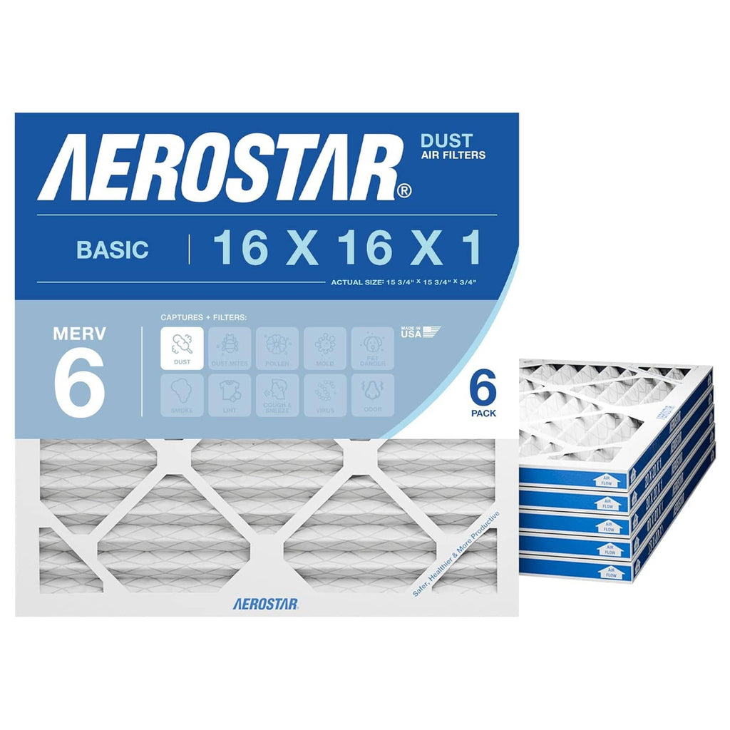 6-pack pleated air filter, MERV 6, 16 x 16 x 1 size, Aerostar Basic