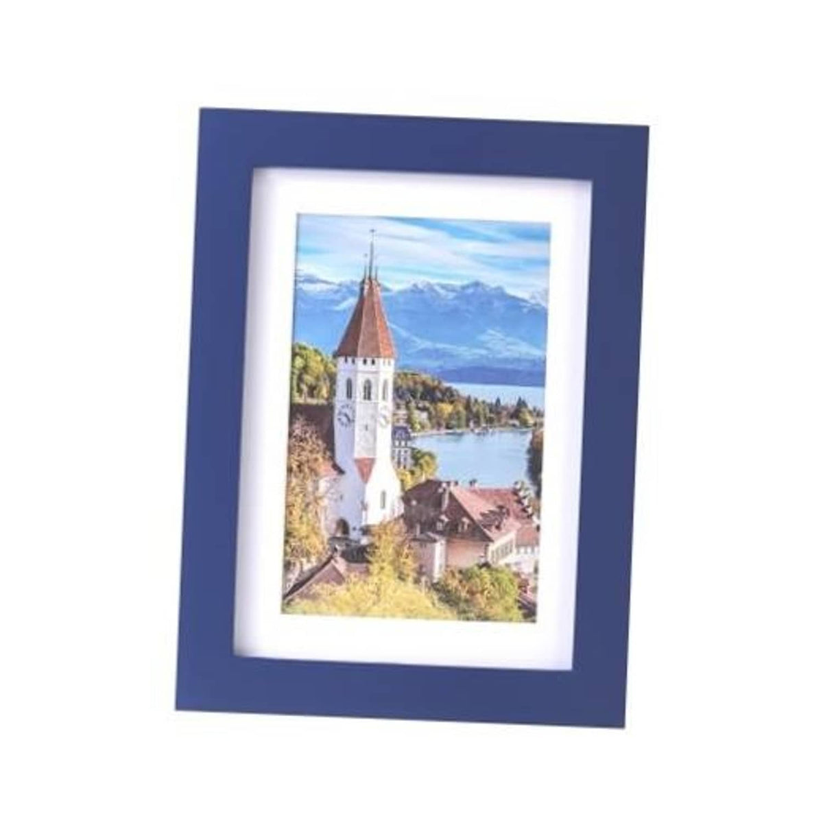 Dark blue solid wood photo frame with white mat and landscape photo insert