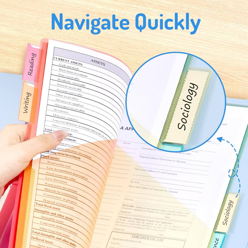 Plastic pocket divider holding planner sheets inside the binder
