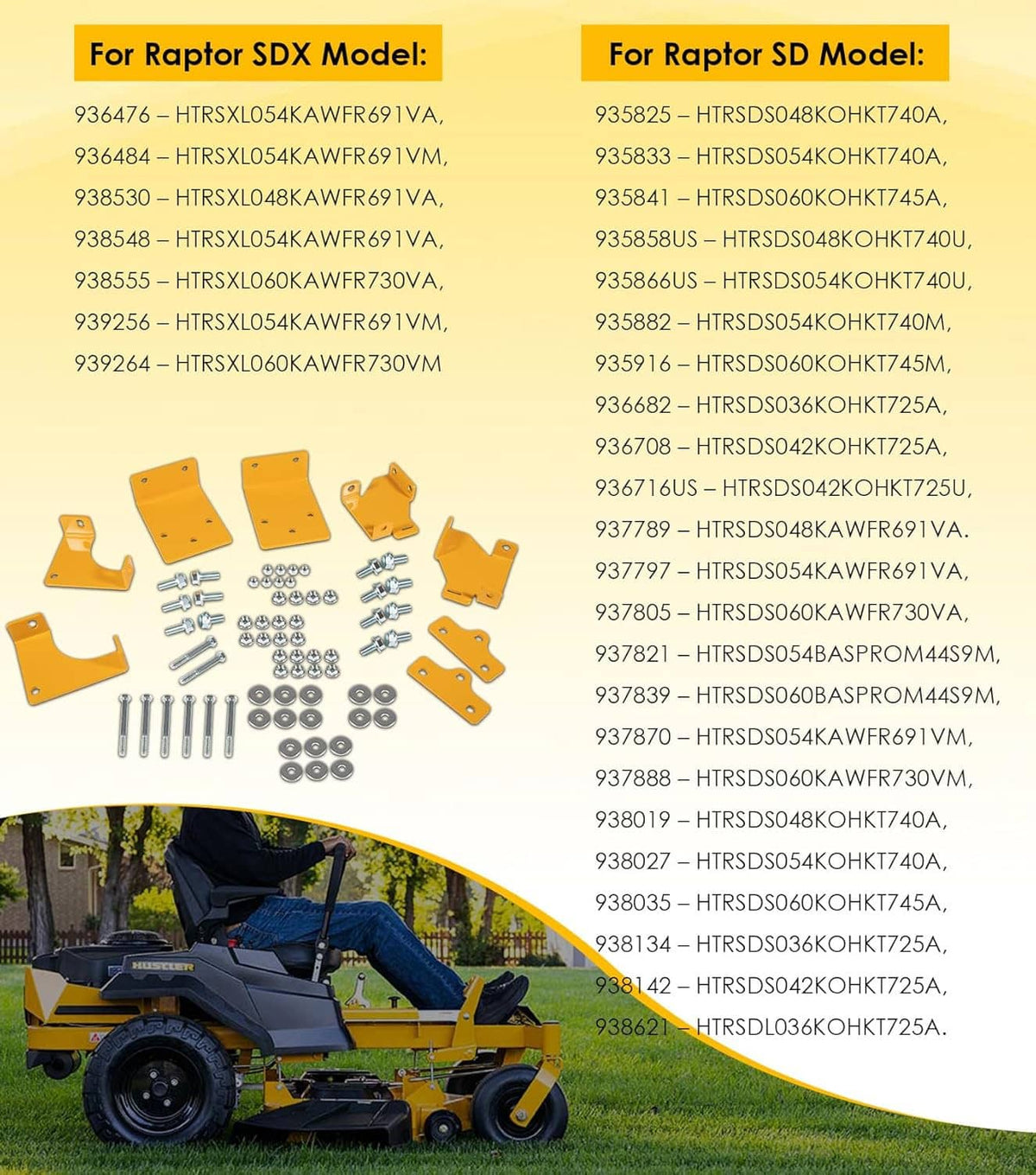 Raptor mower compatibility chart for hydro transmission bracket kit with parts shown