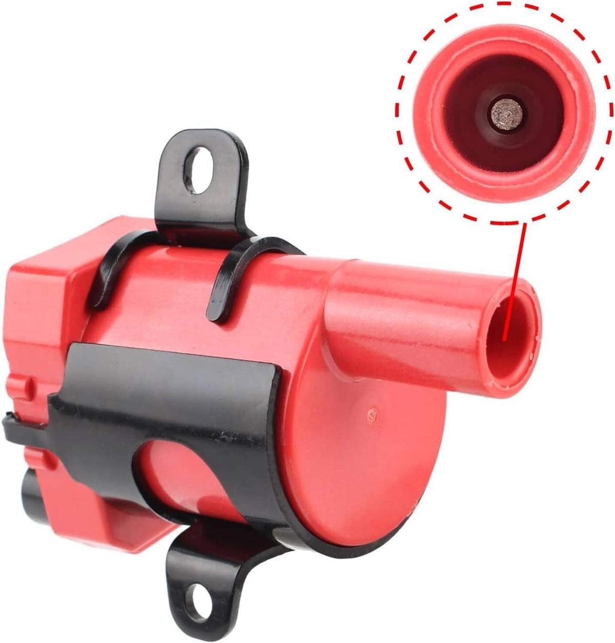 Red ignition coil pack with black housing and red spark wire boot, close-up