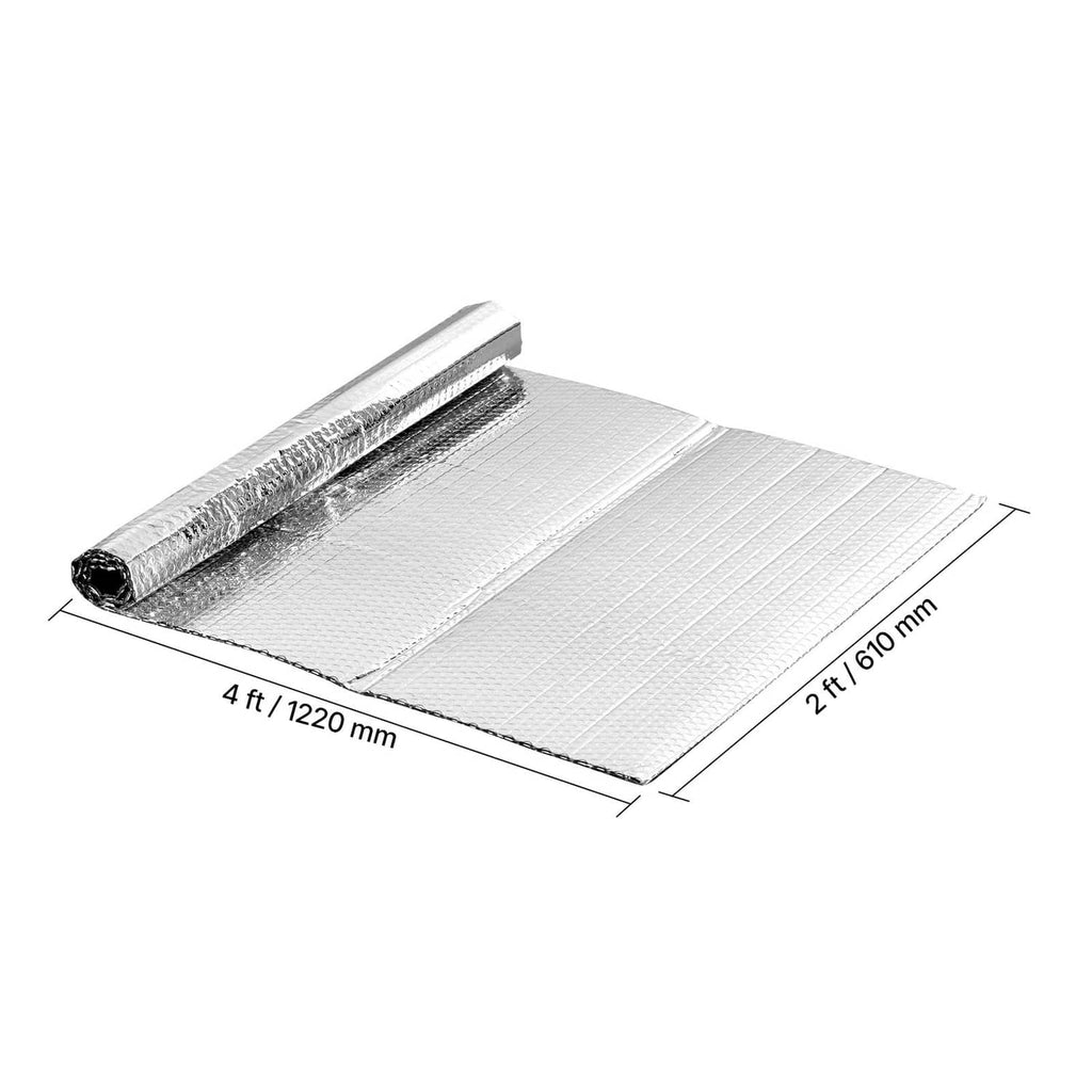 Two folded reflective insulation panels with shiny silver foil and stacked bubble-film center.