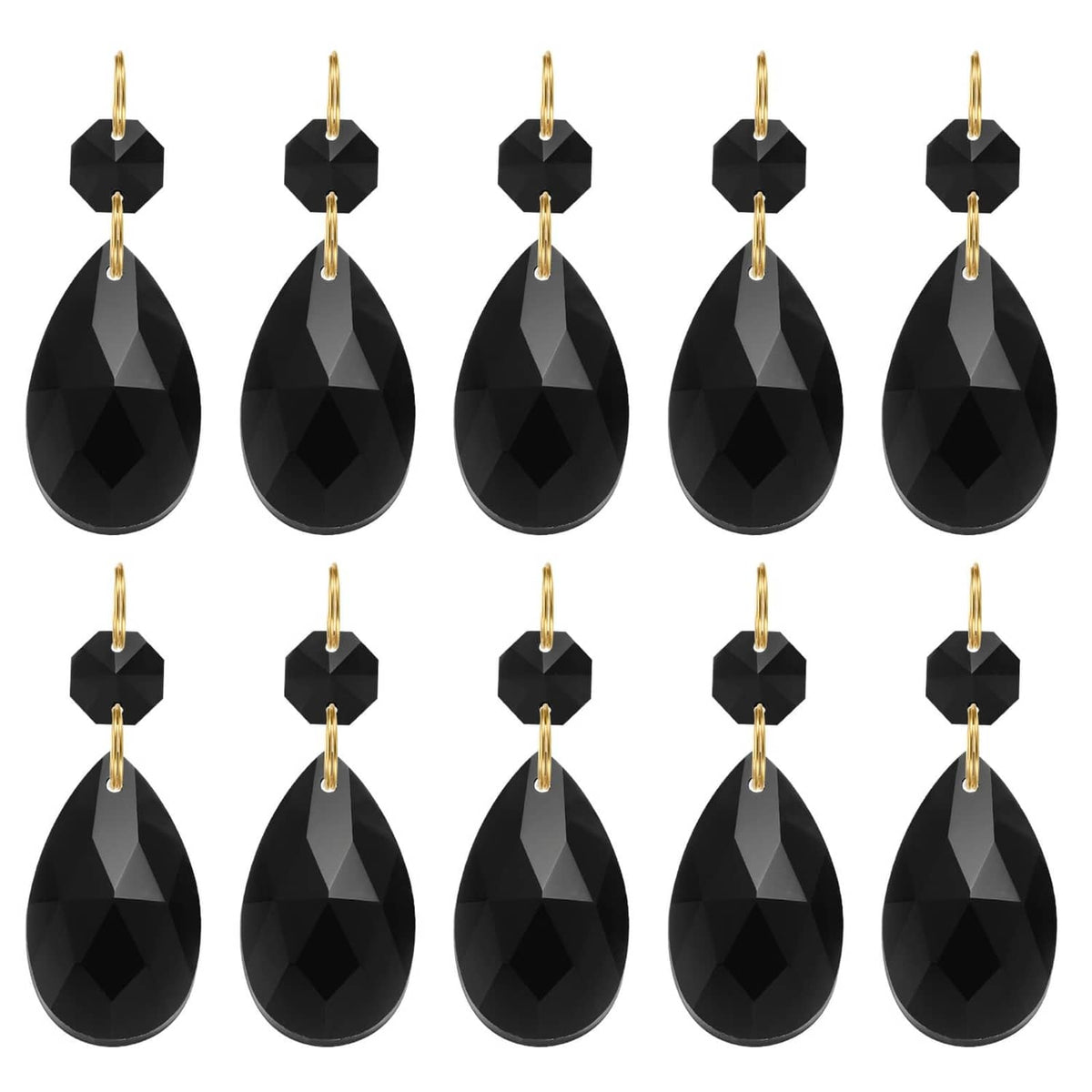 Black teardrop crystal chandelier pendant beads with gold tone top, 10 pack