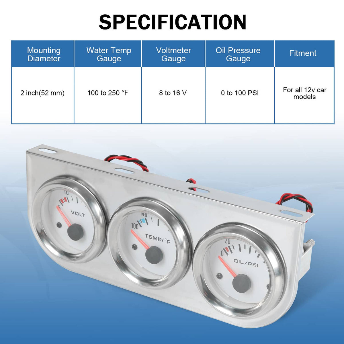 Stainless triple gauge cluster with three chrome-ring dials and wiring pigtails