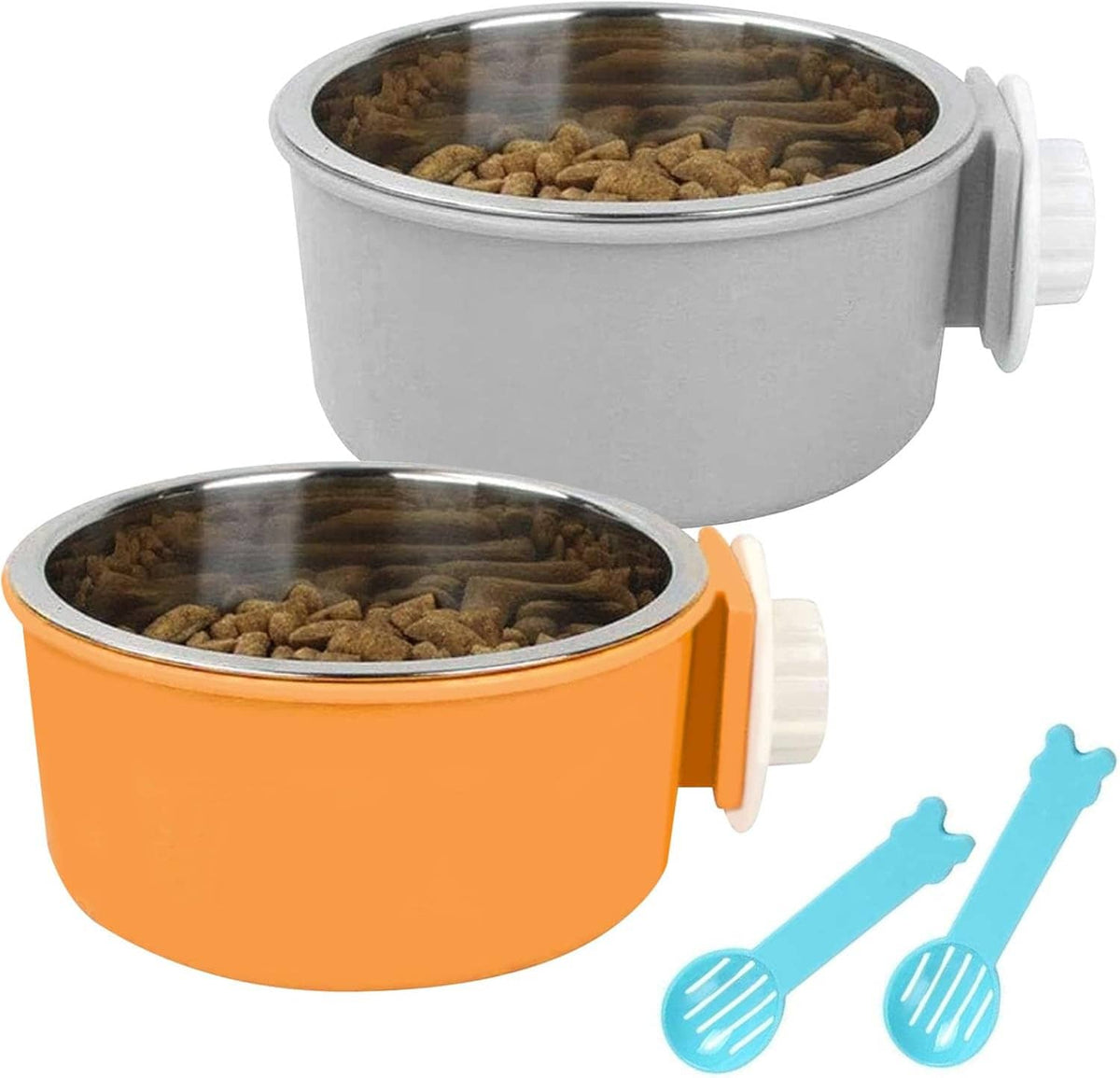 Two-piece hanging dog bowls with orange shells, stainless steel inserts, and blue tools