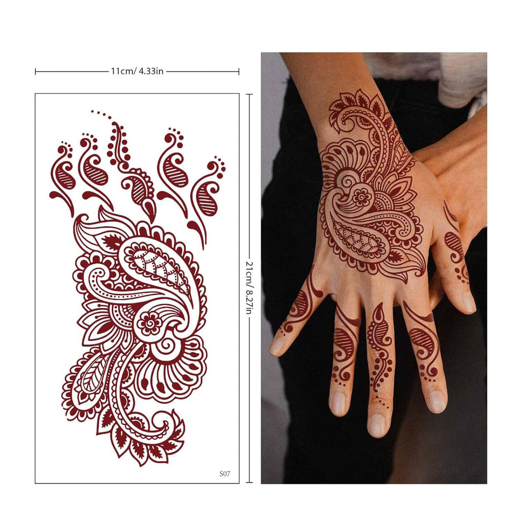 Brown henna-style fake tattoo with red ornate mandala design on hands and fingers