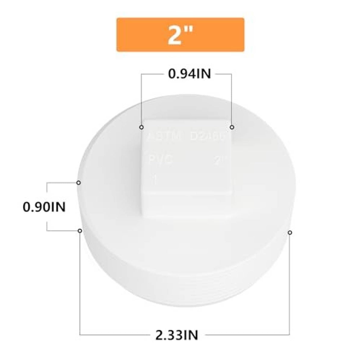 2-inch white PVC cleanout plug with square opening, threaded outer rim