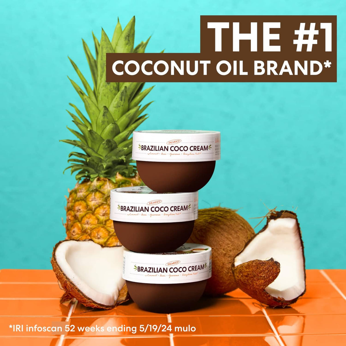 Stacked Palmer's Brazilian Coco Cream tubs with coconut oil formula branding