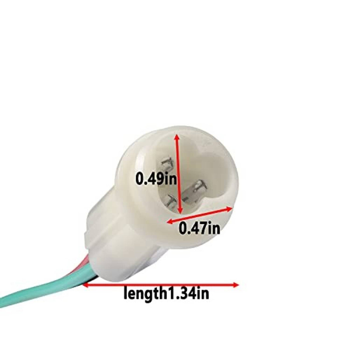 White plastic connector with terminal pins and multi-color wire leads, with dimensions