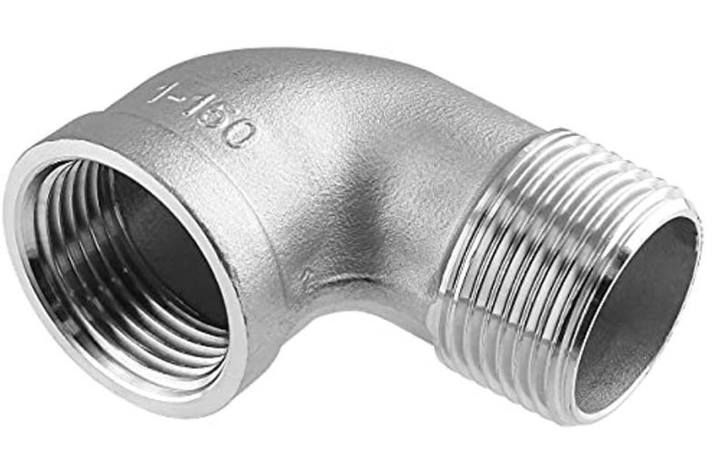 90-degree stainless steel elbow fitting with NPT threaded openings on both sides