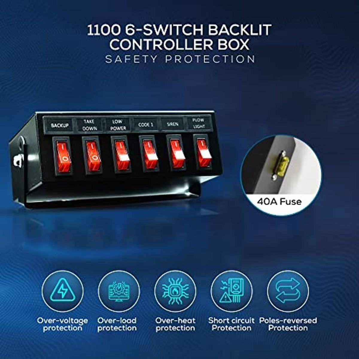 6-switch backlit controller box with black panel and red illuminated rocker switches
