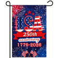 Multicolor USA 250th anniversary garden flag with fireworks, stars, and 1776-2026