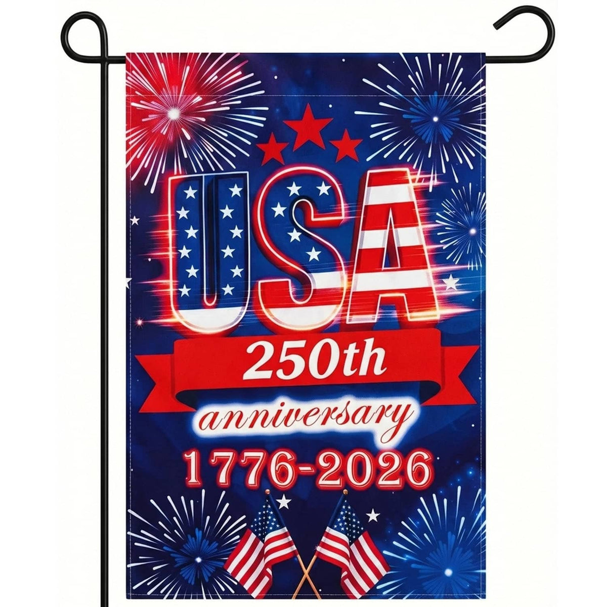 Multicolor USA 250th anniversary garden flag with fireworks, stars, and 1776-2026
