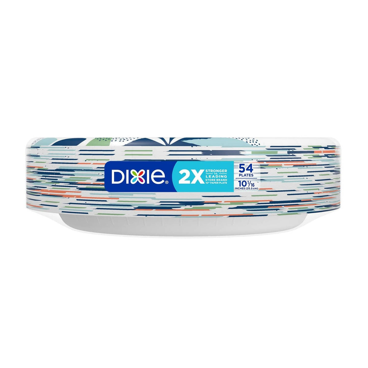 Stack of white paper plates in a pack with blue and multicolor printed label