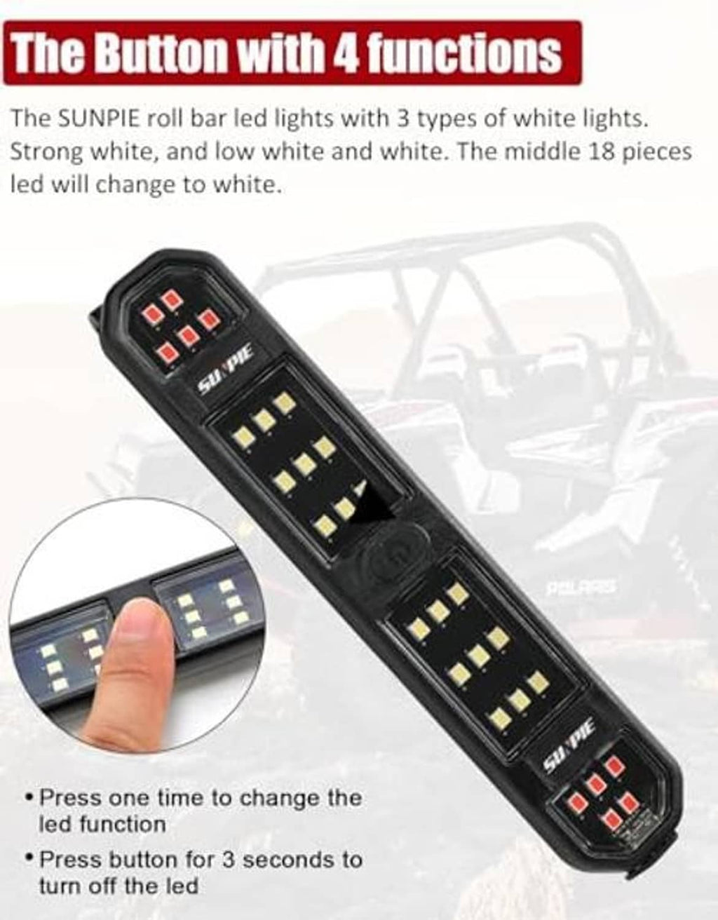 Battery LED light bar with multi-function button area, held in hand, black housing