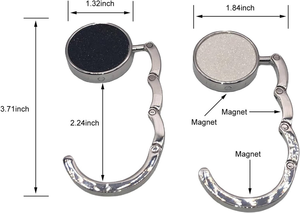 Foldable purse hook with magnets and glitter pads; U-shaped metal hanger and sizing arrows