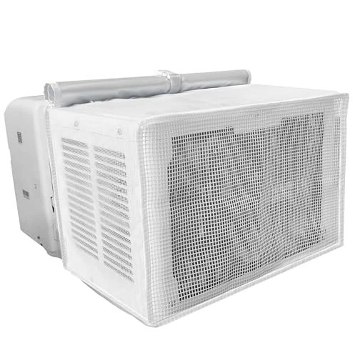 White U-shaped window AC cover with PVC mesh front panel and side ventilation slots.