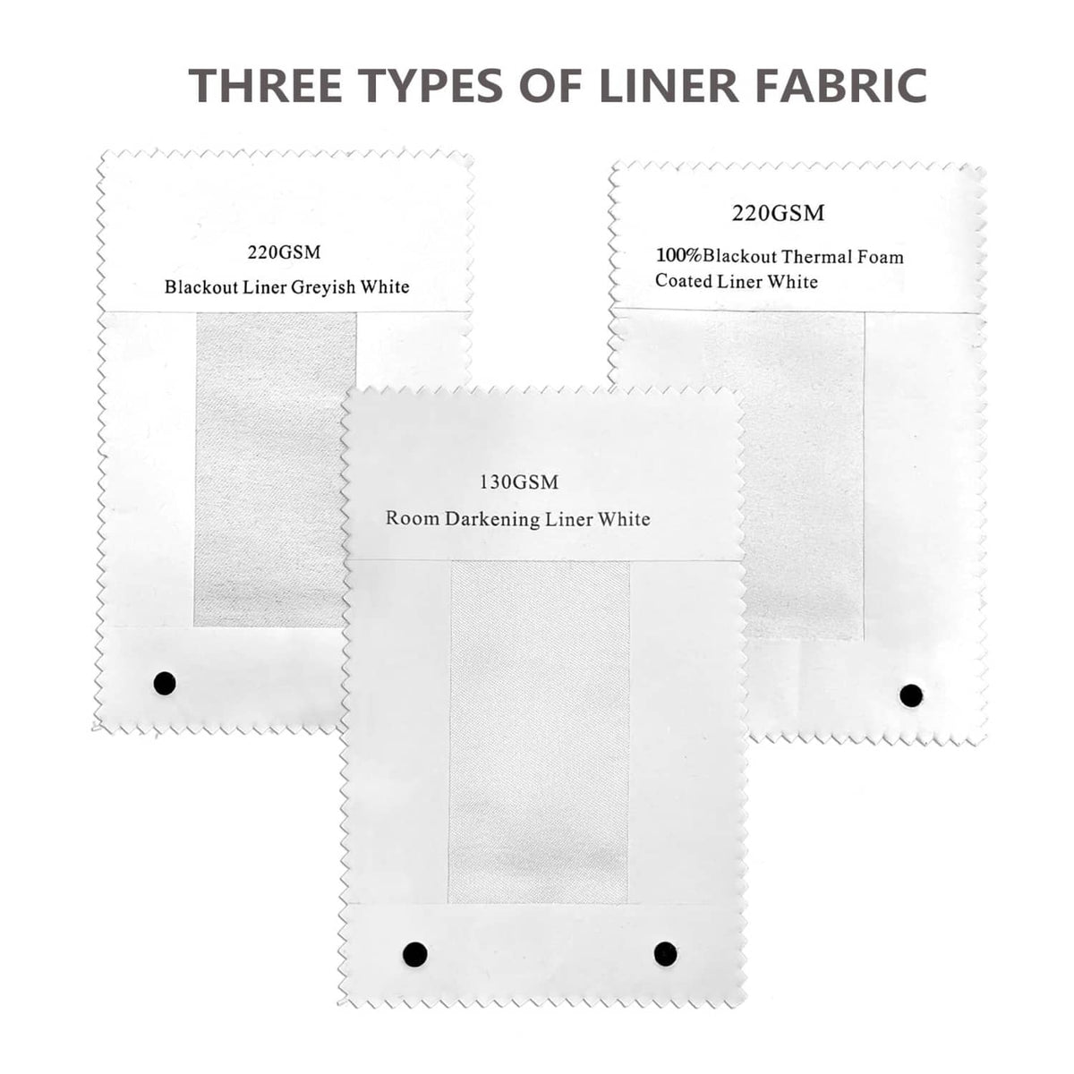 Three white liner fabric swatches showing different weights in a swatch layout