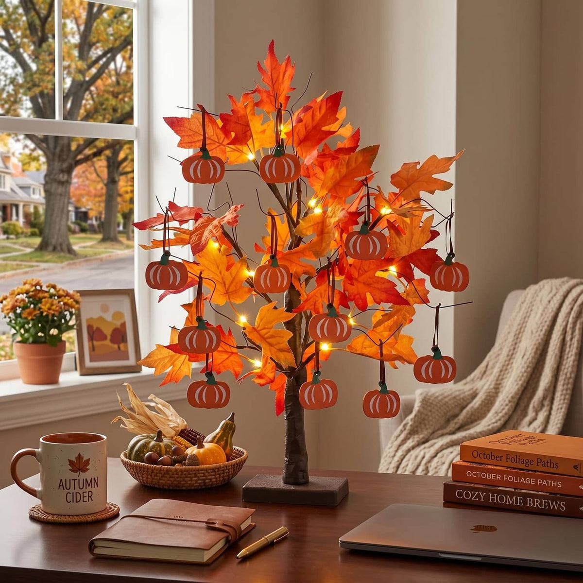 Standing fall tree decoration with orange maple leaves, warm LED lights, and pumpkin hanging ornaments
