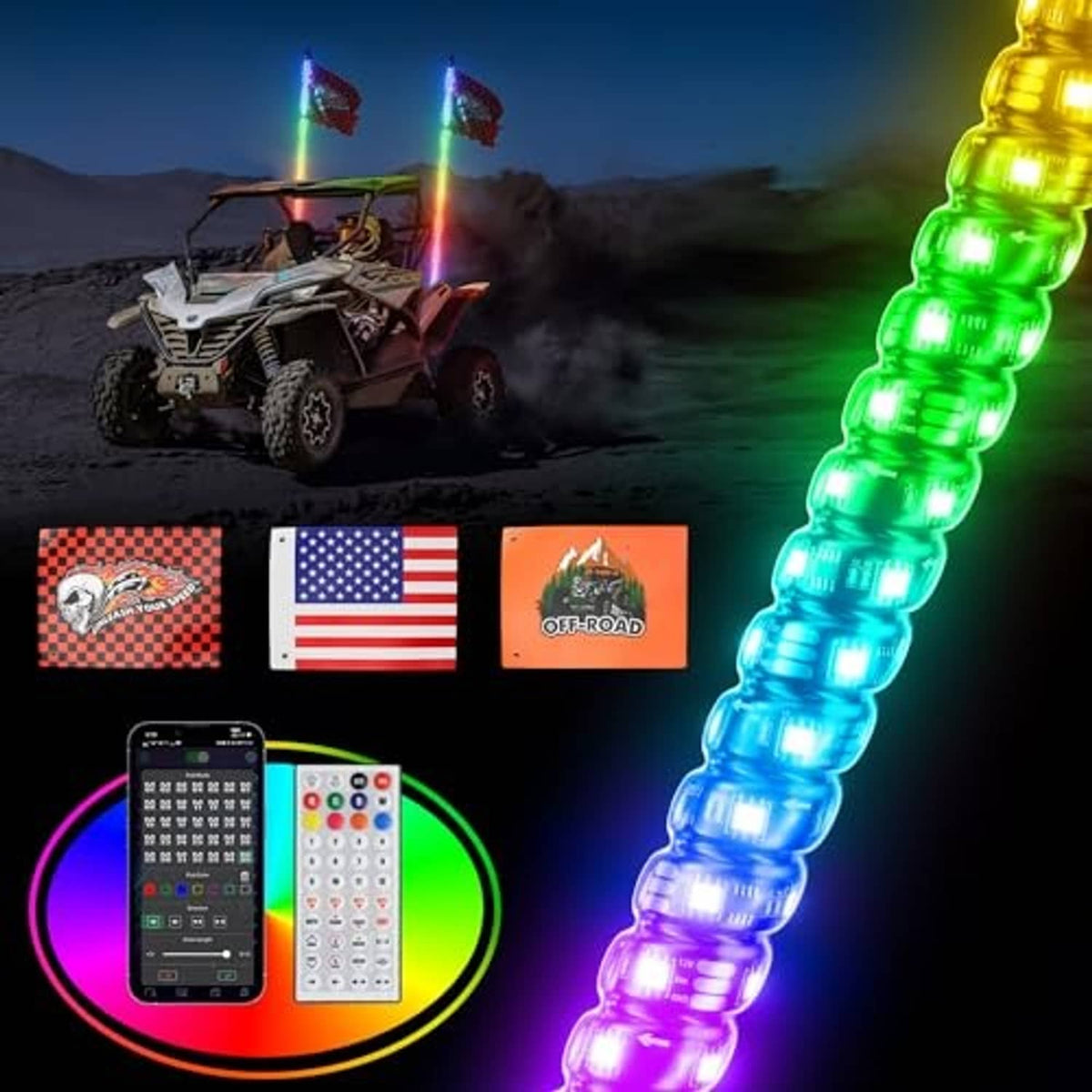 RGB LED whip light with spring base, blue-to-green glow, with controller and UTV