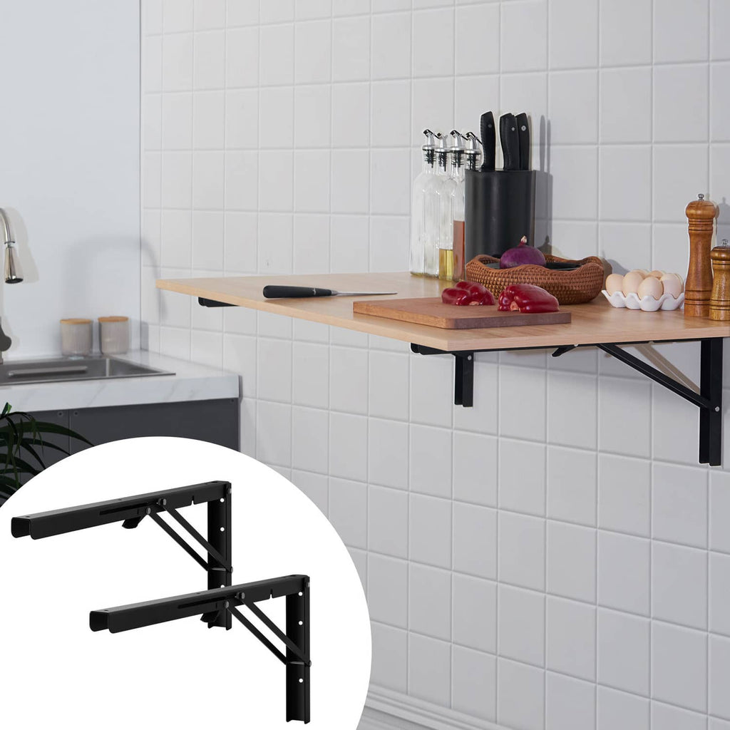 Black folding shelf bracket with inset view of bracket design