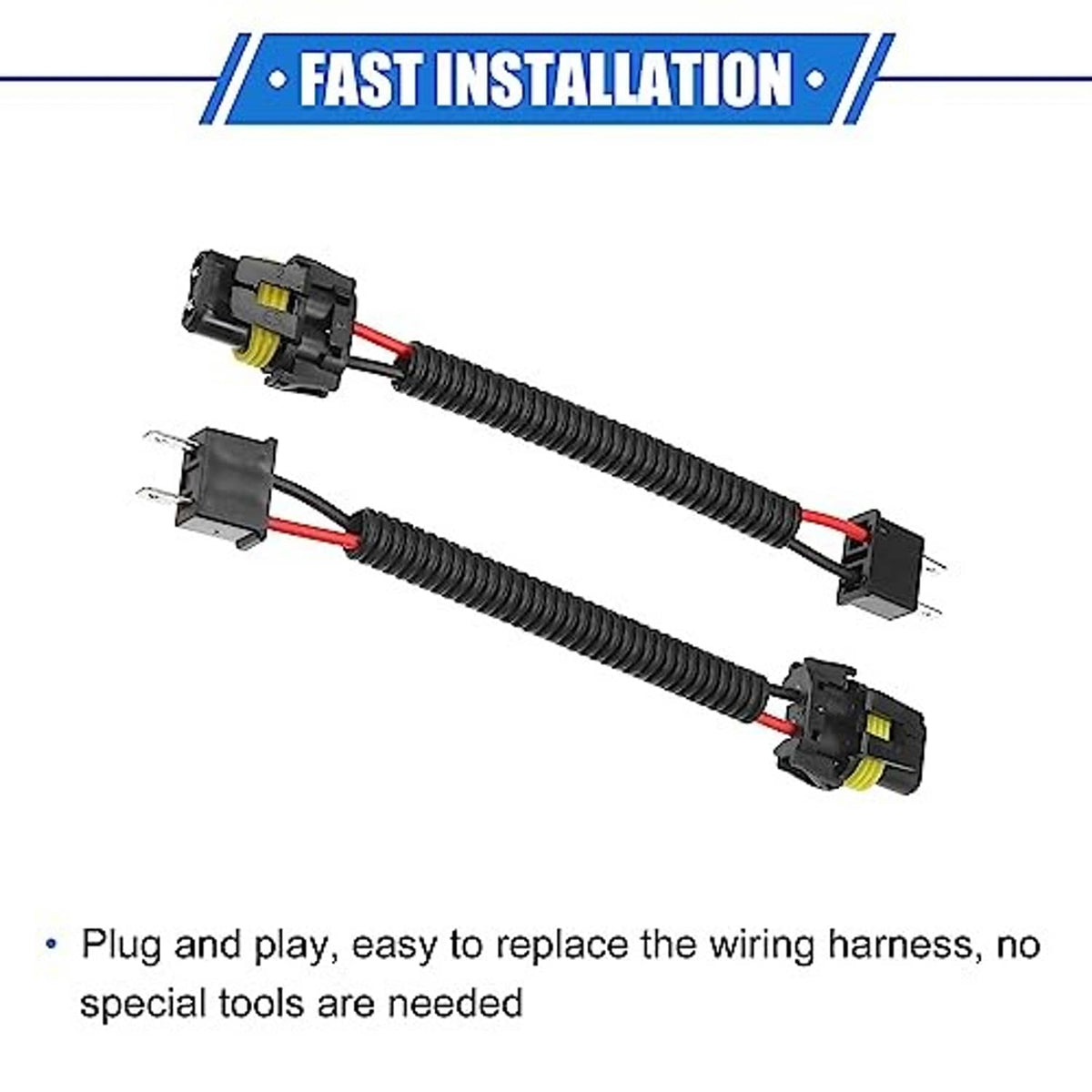 Two-piece headlight and fog light extension wire harness with black corrugated wiring and plugs