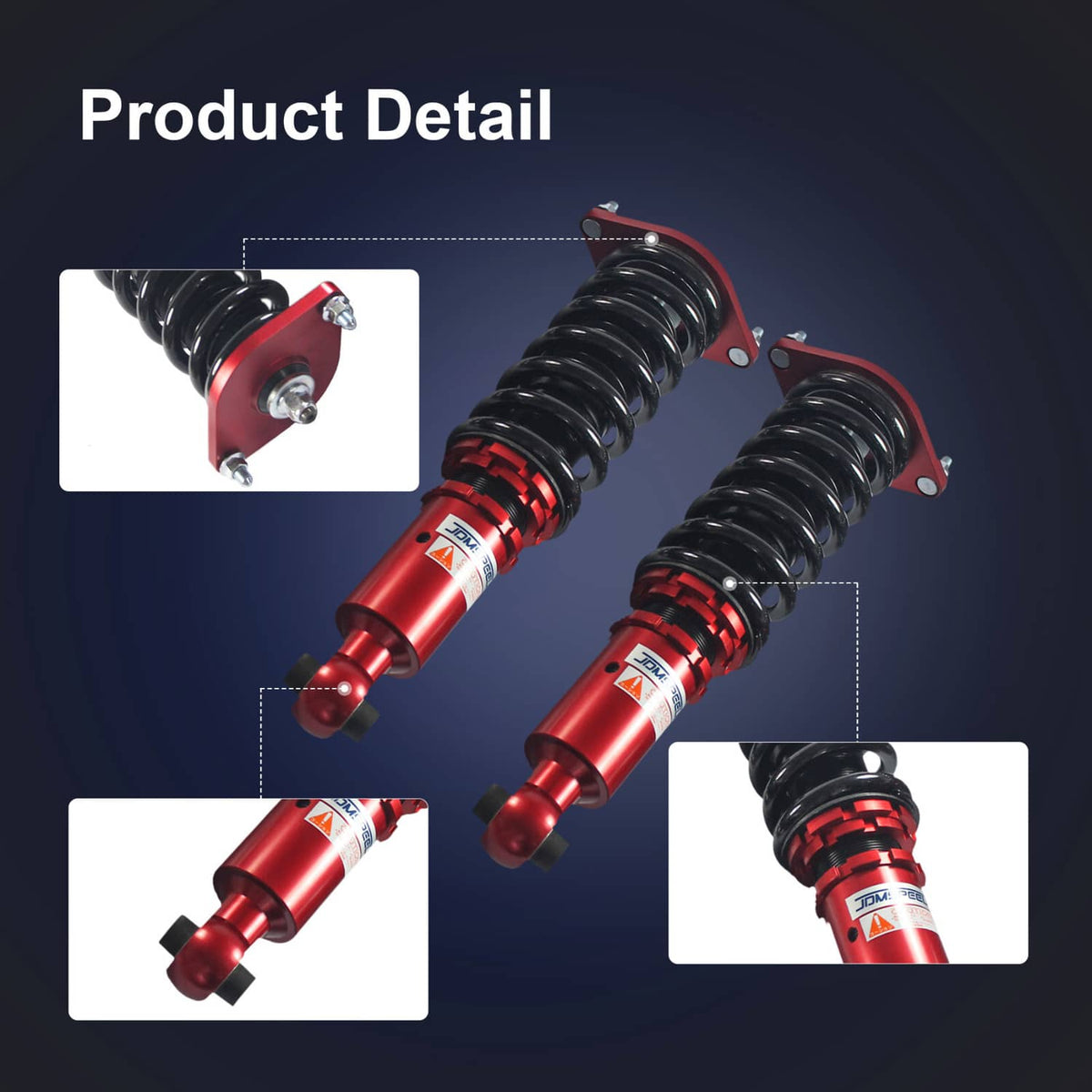 Close-up views of red coilover shocks with black springs and mounting hardware