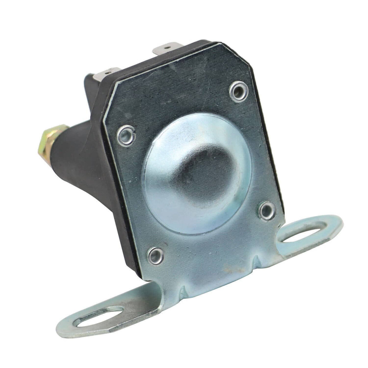 Metal-faced starter relay solenoid with black body and two copper-tipped screws