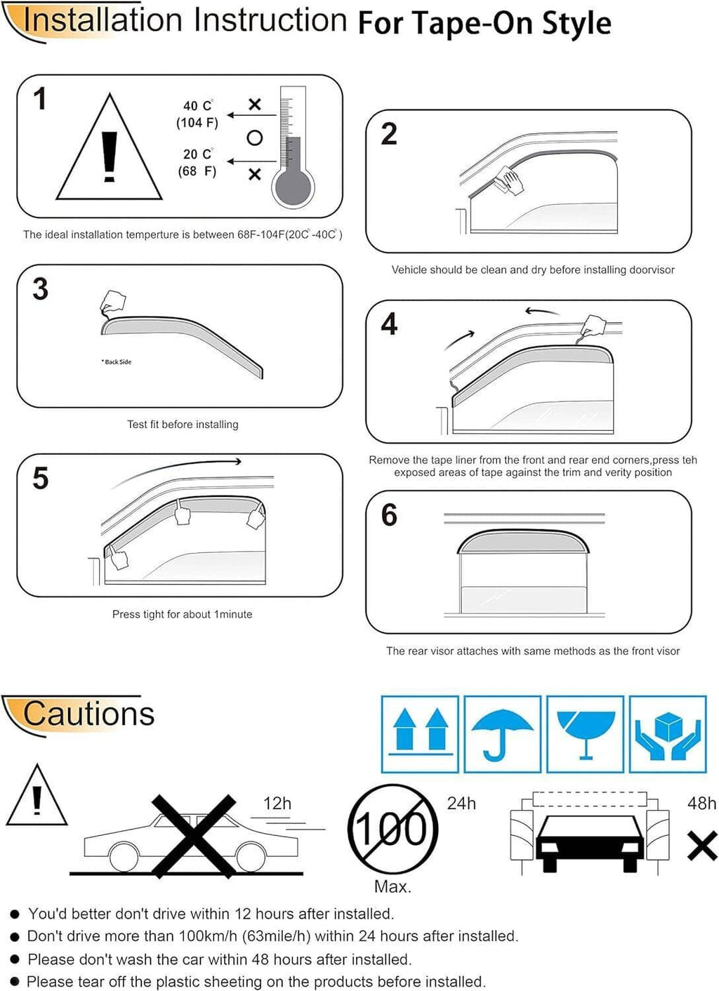 Window visor installation instruction sheet for tape-on style