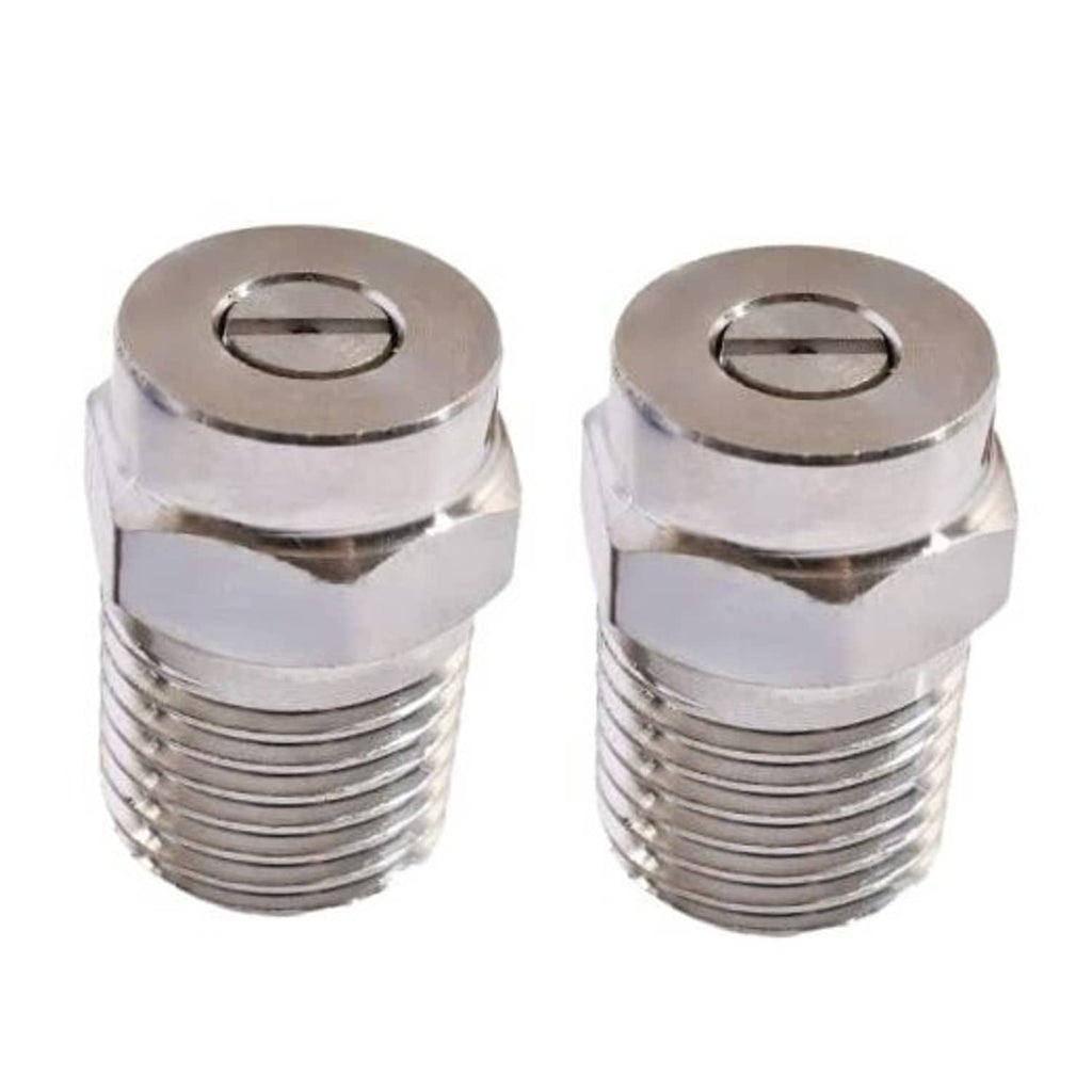 Pair of universal pressure washer threaded spray nozzle tips, silver metal with circular opening
