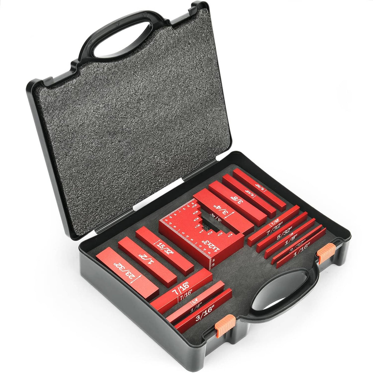 Red aluminum height gauge blocks set in a hard case with fitted compartments