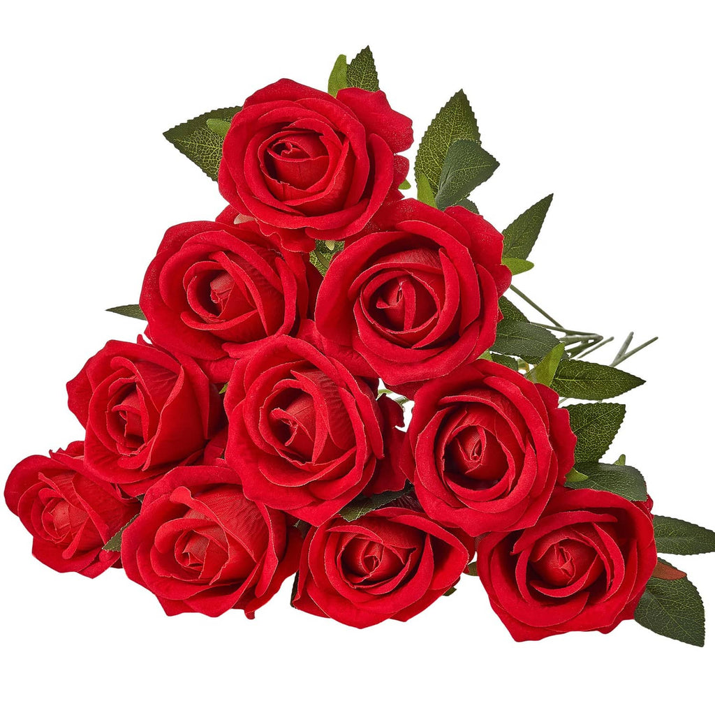 Red artificial rose bouquet with multiple lifelike blooms and green leaves