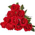 Red artificial rose bouquet with multiple lifelike blooms and green leaves